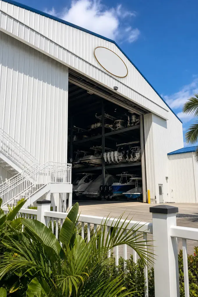 Snook Bight style marina building and dry stack in Fort Myers Beach