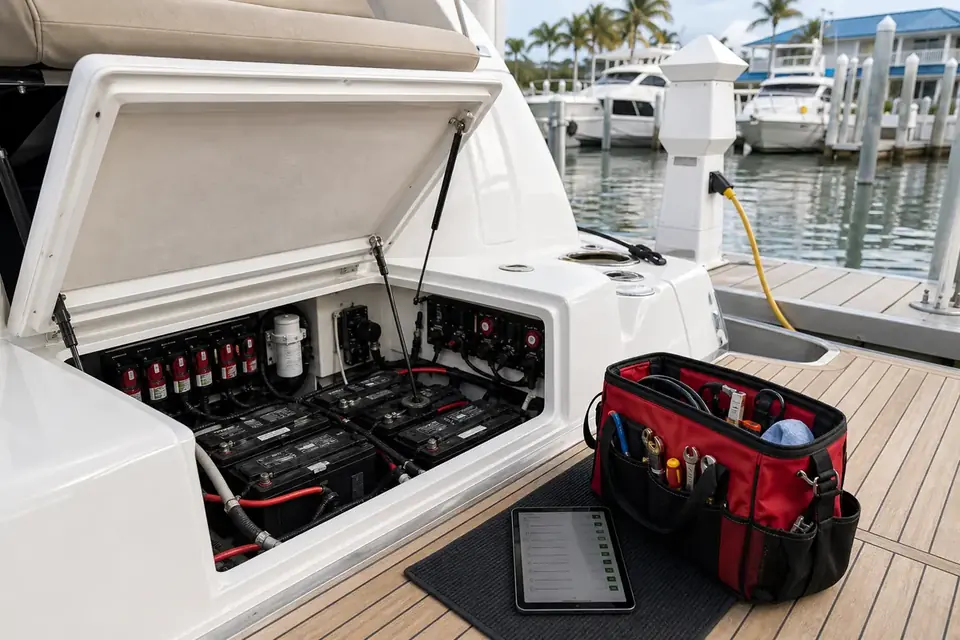 Yacht systems check in Fort Myers Beach with tools and owner notes